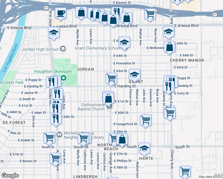 map of restaurants, bars, coffee shops, grocery stores, and more near 6176 Orange Avenue in Long Beach