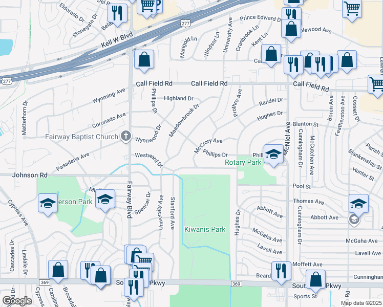 map of restaurants, bars, coffee shops, grocery stores, and more near 4504 McCrory Avenue in Wichita Falls