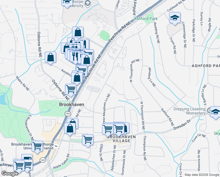 map of restaurants, bars, coffee shops, grocery stores, and more near 1409 Cheshire Way Northeast in Atlanta