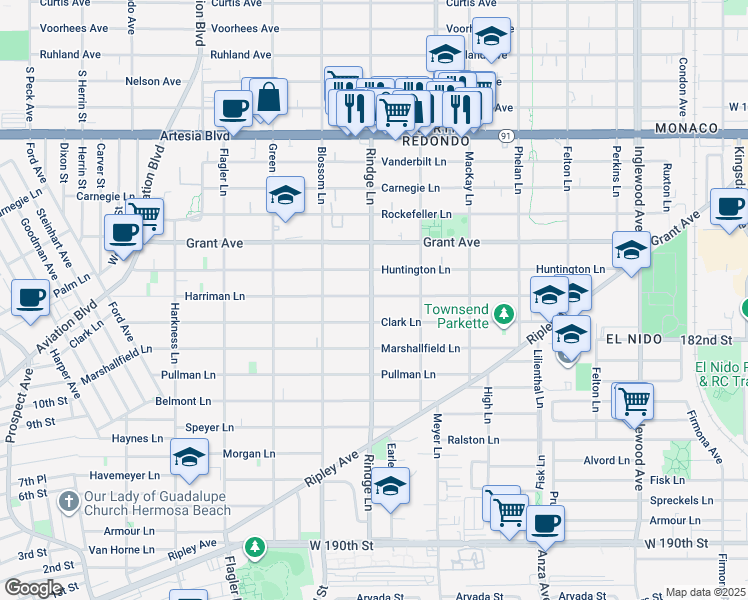 map of restaurants, bars, coffee shops, grocery stores, and more near 2200 Harriman Lane in Redondo Beach