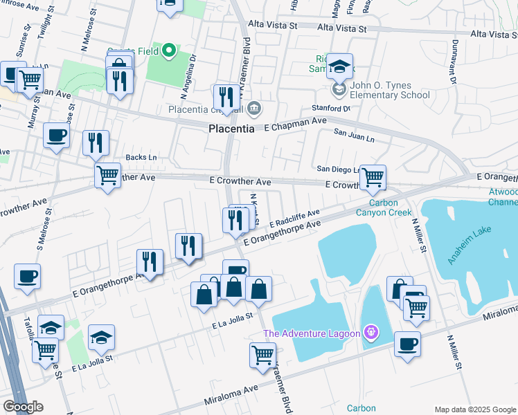 map of restaurants, bars, coffee shops, grocery stores, and more near 1744 North Kent Street in Anaheim