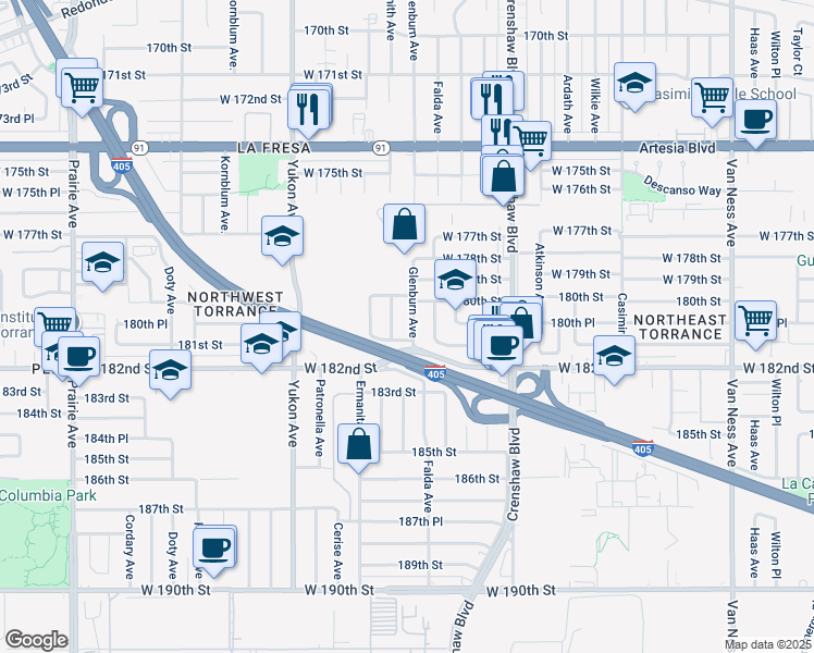 map of restaurants, bars, coffee shops, grocery stores, and more near 18025 Glenburn Avenue in Torrance