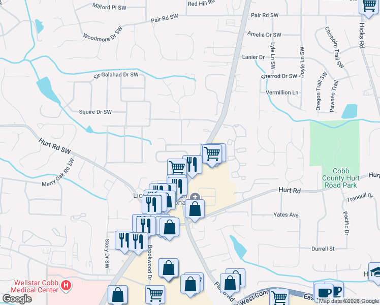 map of restaurants, bars, coffee shops, grocery stores, and more near 1619 Park Brooke Circle Southwest in Marietta
