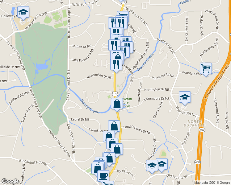 map of restaurants, bars, coffee shops, grocery stores, and more near 1403 Chastain Drive Northeast in Atlanta
