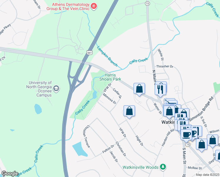 map of restaurants, bars, coffee shops, grocery stores, and more near 188 VFW Drive in Watkinsville