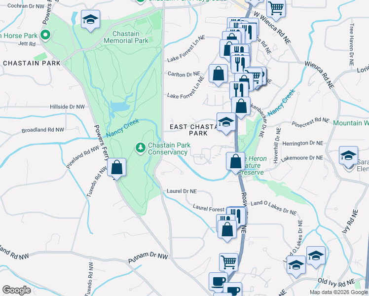 map of restaurants, bars, coffee shops, grocery stores, and more near 10201 Chastain Drive Northeast in Atlanta