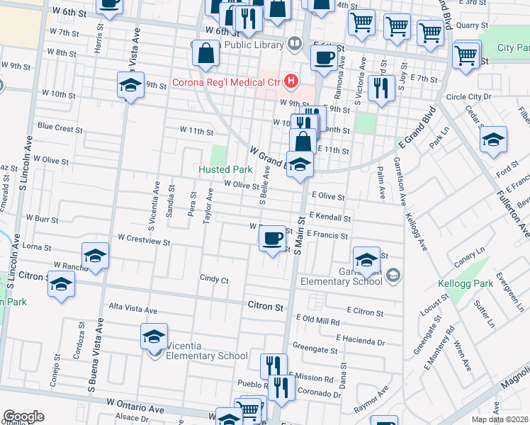 map of restaurants, bars, coffee shops, grocery stores, and more near 224 West Kendall Street in Corona