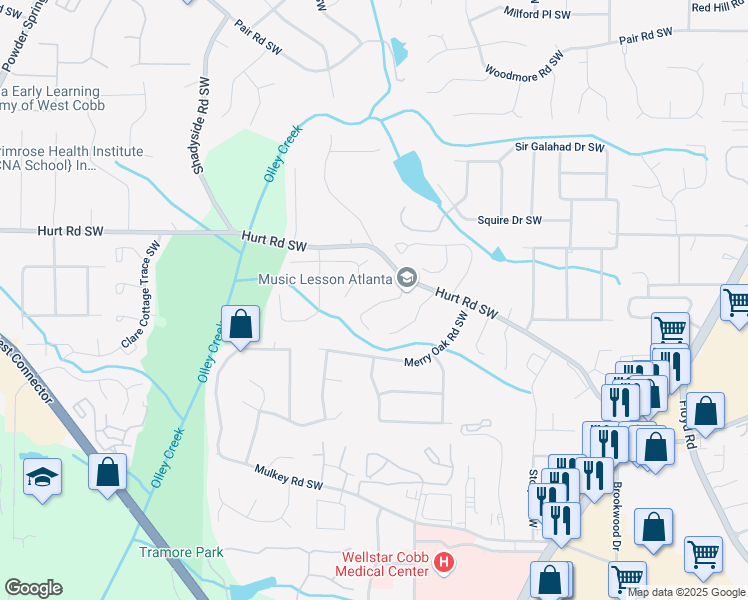 map of restaurants, bars, coffee shops, grocery stores, and more near 3589 Main Station Drive Southwest in Marietta