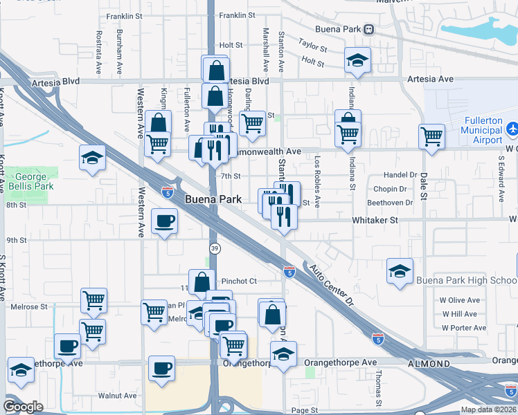 map of restaurants, bars, coffee shops, grocery stores, and more near 7892 8th Street in Buena Park