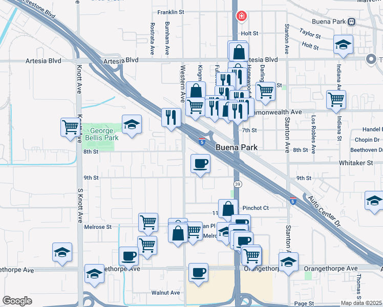 map of restaurants, bars, coffee shops, grocery stores, and more near 7532 8th Street in Buena Park