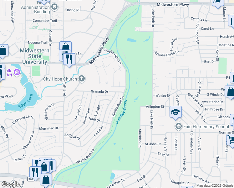 map of restaurants, bars, coffee shops, grocery stores, and more near 4401 Barbados in Wichita Falls