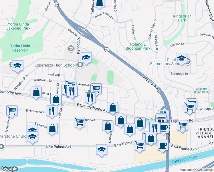 map of restaurants, bars, coffee shops, grocery stores, and more near 5257 Woodwind Lane in Anaheim
