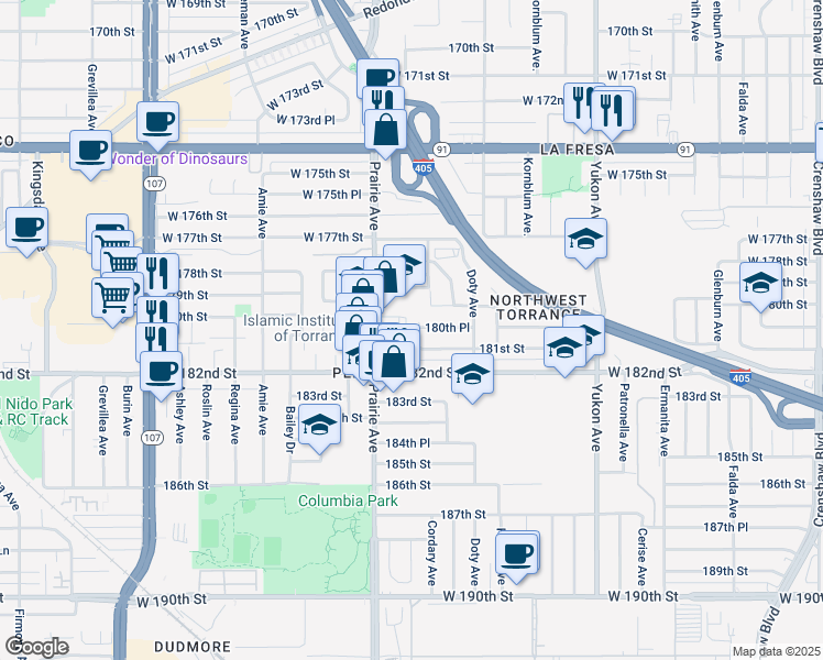 map of restaurants, bars, coffee shops, grocery stores, and more near 18023 Cordary Avenue in Torrance
