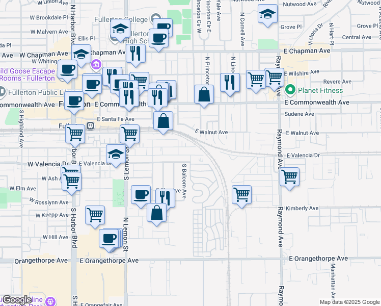 map of restaurants, bars, coffee shops, grocery stores, and more near 521 East Patterson Way in Fullerton