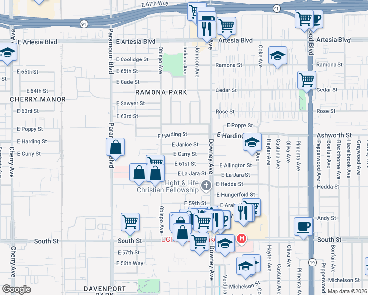 map of restaurants, bars, coffee shops, grocery stores, and more near 3400 East Janice Street in Long Beach