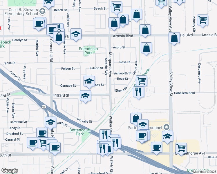 map of restaurants, bars, coffee shops, grocery stores, and more near 18108 Antonio Avenue in Cerritos