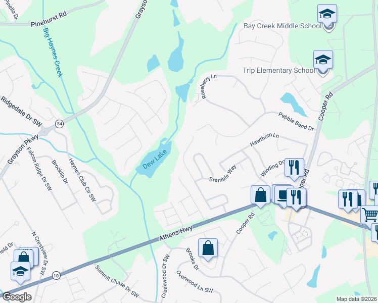map of restaurants, bars, coffee shops, grocery stores, and more near 2588 Farmstead Court in Grayson