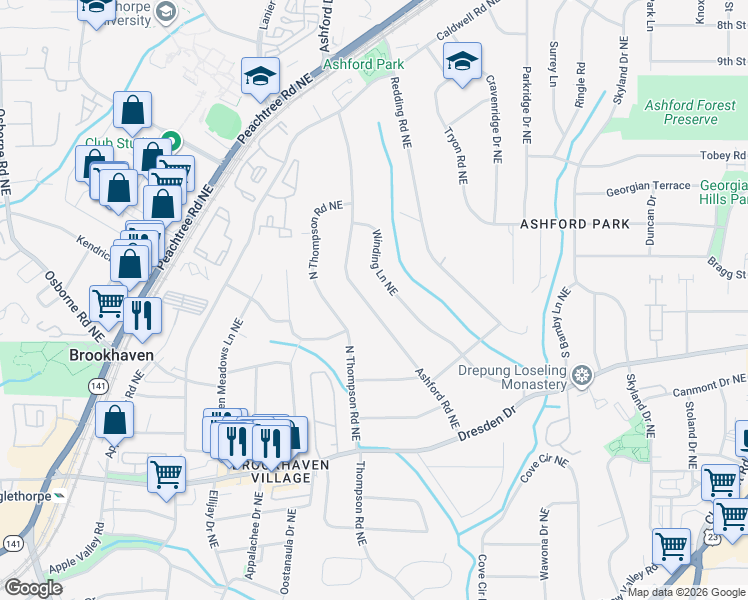 map of restaurants, bars, coffee shops, grocery stores, and more near 2719 Ashford Road Northeast in Atlanta