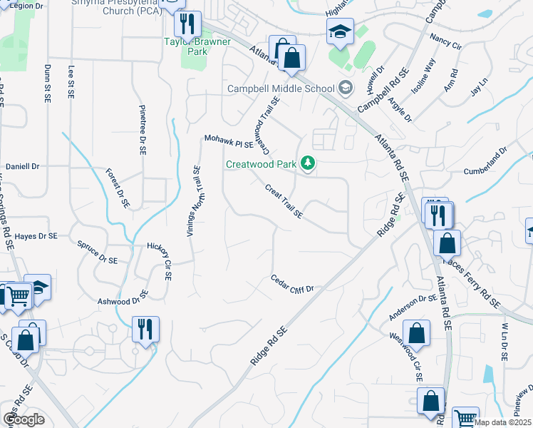 map of restaurants, bars, coffee shops, grocery stores, and more near 3471 Shawnee Trail Southeast in Smyrna