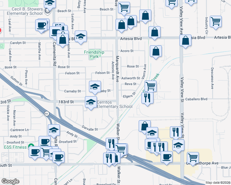 map of restaurants, bars, coffee shops, grocery stores, and more near 18108 Antonio Avenue in Cerritos