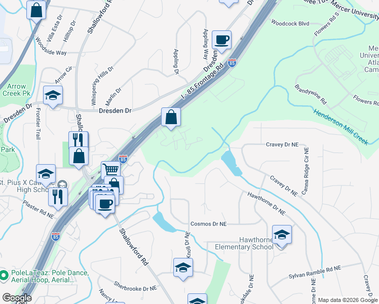 map of restaurants, bars, coffee shops, grocery stores, and more near 3095 Colonial Way in Chamblee