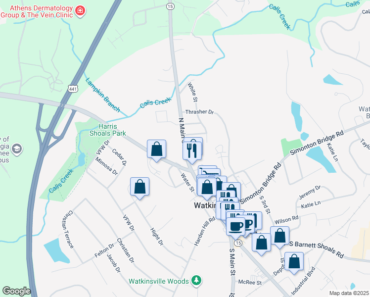 map of restaurants, bars, coffee shops, grocery stores, and more near 68 North Main Street in Watkinsville