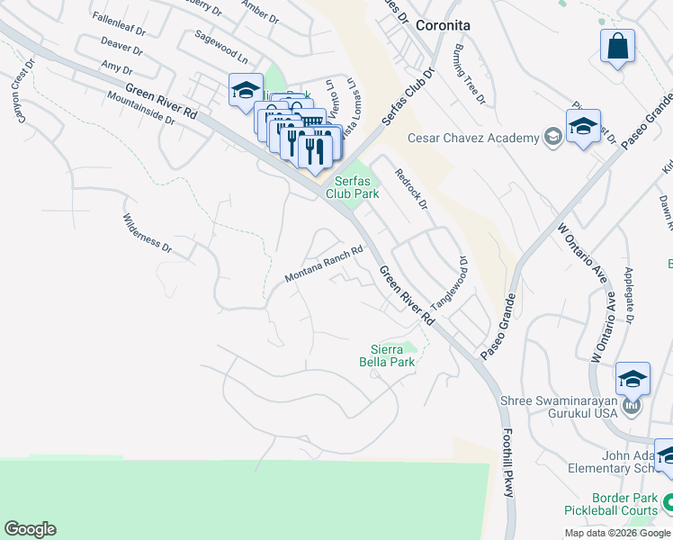 map of restaurants, bars, coffee shops, grocery stores, and more near 2550 San Gabriel Way in Corona