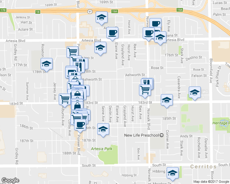 map of restaurants, bars, coffee shops, grocery stores, and more near 18027 Elaine Avenue in Artesia
