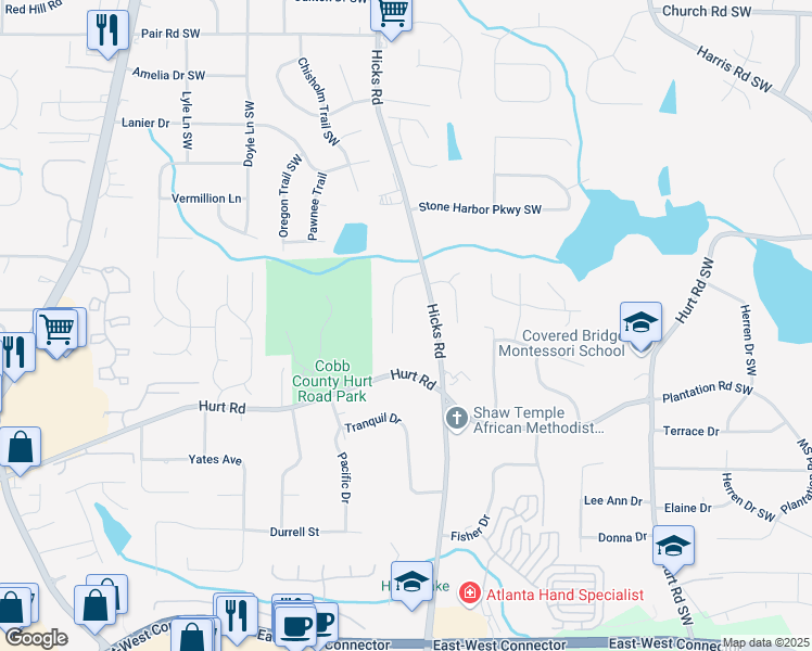 map of restaurants, bars, coffee shops, grocery stores, and more near 3581 Mill Creek Lane Southwest in Marietta