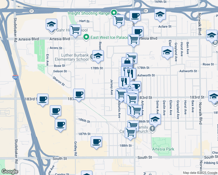 map of restaurants, bars, coffee shops, grocery stores, and more near 18017 Jersey Avenue in Artesia