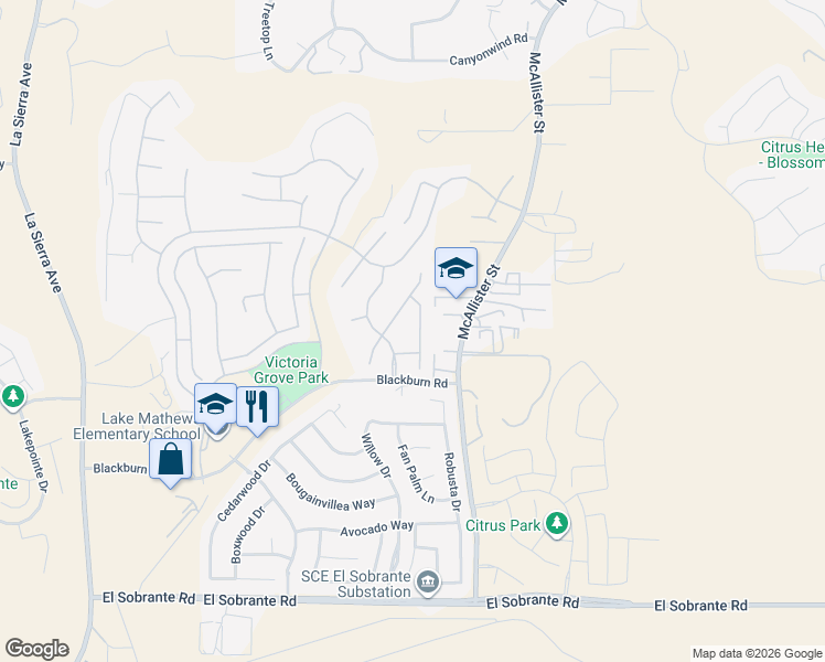 map of restaurants, bars, coffee shops, grocery stores, and more near 17399 Heights Lane in Riverside