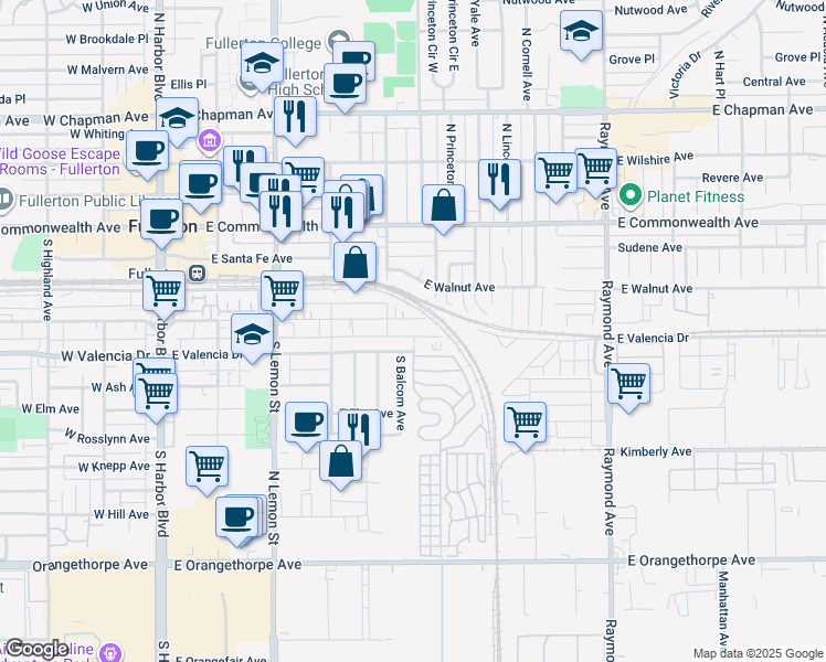 map of restaurants, bars, coffee shops, grocery stores, and more near 521 East Patterson Way in Fullerton