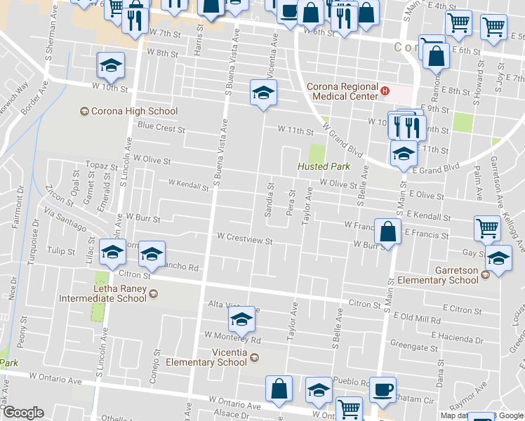 map of restaurants, bars, coffee shops, grocery stores, and more near 1442 Sandia Street in Corona
