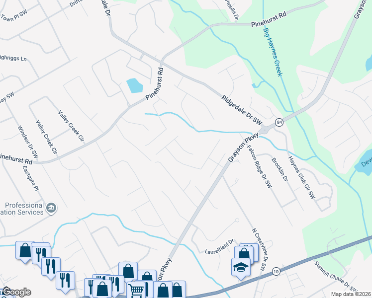 map of restaurants, bars, coffee shops, grocery stores, and more near 2444 Windrush Court in Grayson