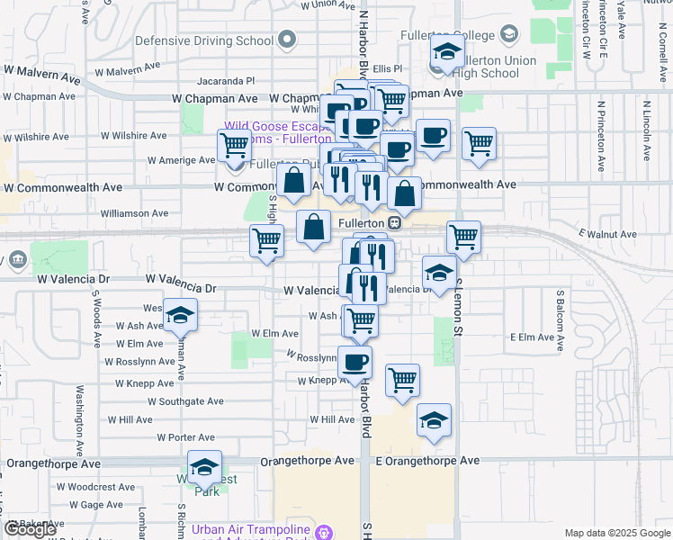 map of restaurants, bars, coffee shops, grocery stores, and more near 130 West Truslow Avenue in Fullerton