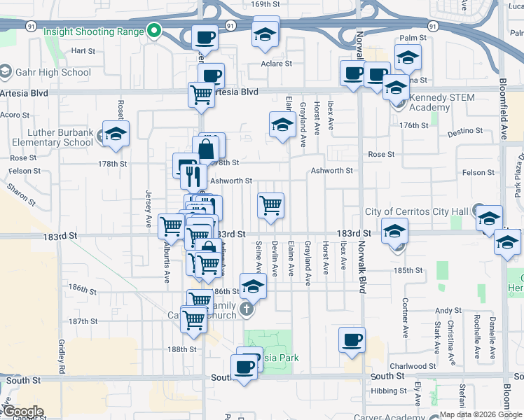 map of restaurants, bars, coffee shops, grocery stores, and more near 18020 Seine Avenue in Artesia
