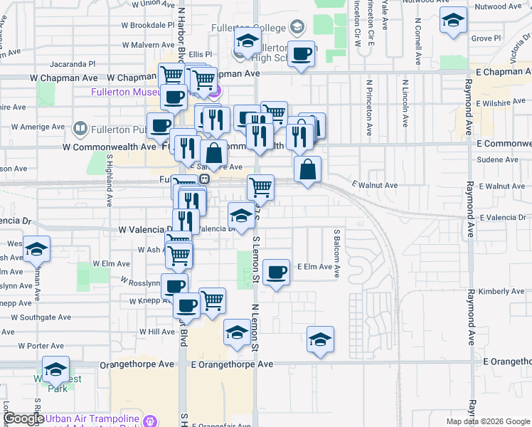 map of restaurants, bars, coffee shops, grocery stores, and more near 410 South Lemon Street in Fullerton