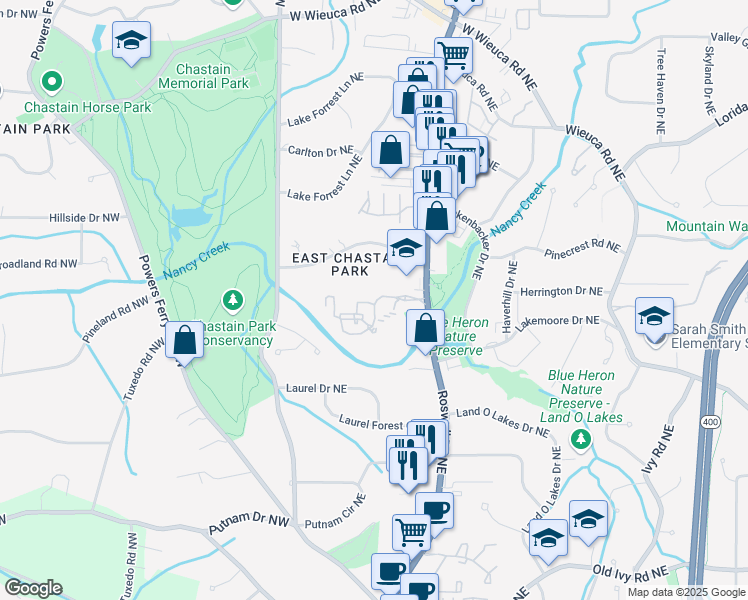 map of restaurants, bars, coffee shops, grocery stores, and more near 4113 Chastain Drive Northeast in Atlanta