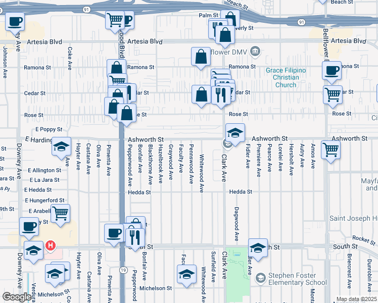 map of restaurants, bars, coffee shops, grocery stores, and more near 6139 Pennswood Avenue in Lakewood