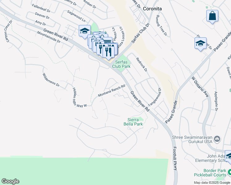 map of restaurants, bars, coffee shops, grocery stores, and more near 2550 San Gabriel Way in Corona