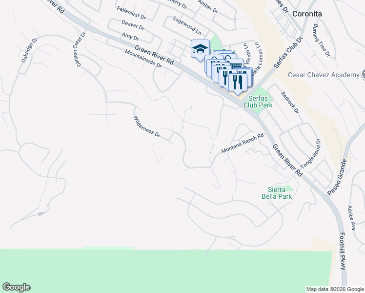 map of restaurants, bars, coffee shops, grocery stores, and more near 2860 Hidden Hills Way West in Corona
