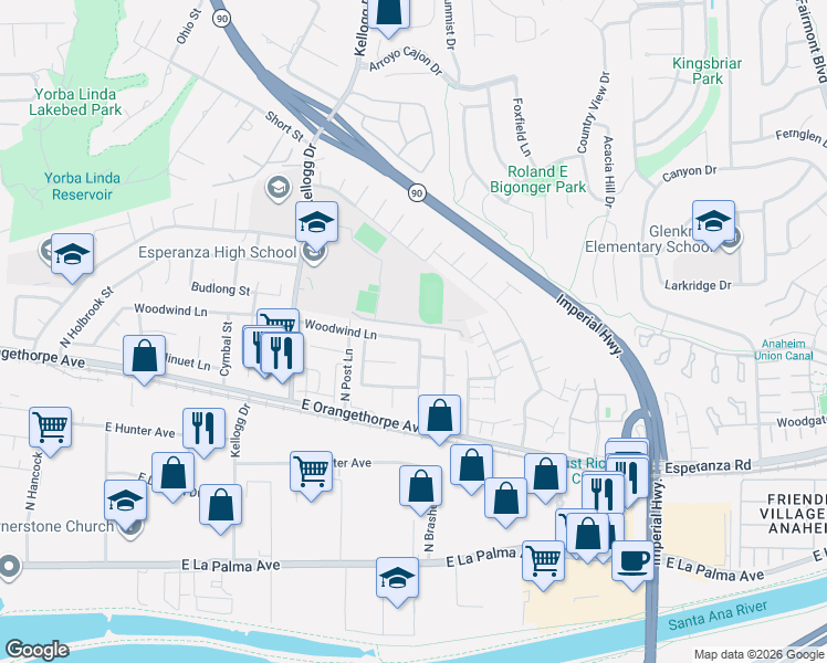 map of restaurants, bars, coffee shops, grocery stores, and more near 5257 Woodwind Lane in Anaheim