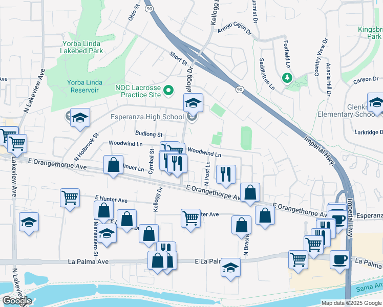 map of restaurants, bars, coffee shops, grocery stores, and more near 5102 Woodwind Lane in Anaheim