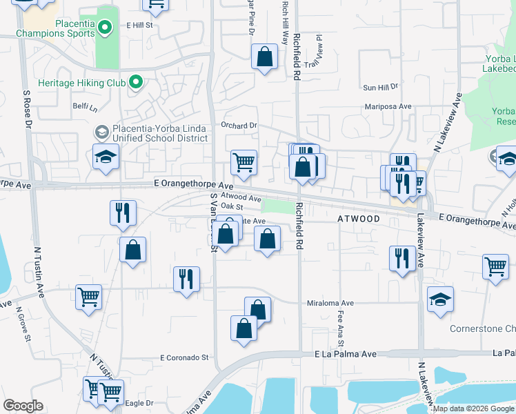 map of restaurants, bars, coffee shops, grocery stores, and more near 1701 Lincoln Street in Placentia