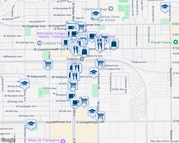 map of restaurants, bars, coffee shops, grocery stores, and more near 222 East Truslow Avenue in Fullerton