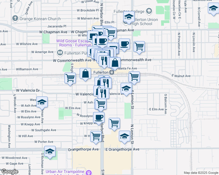 map of restaurants, bars, coffee shops, grocery stores, and more near 136 East Truslow Avenue in Fullerton