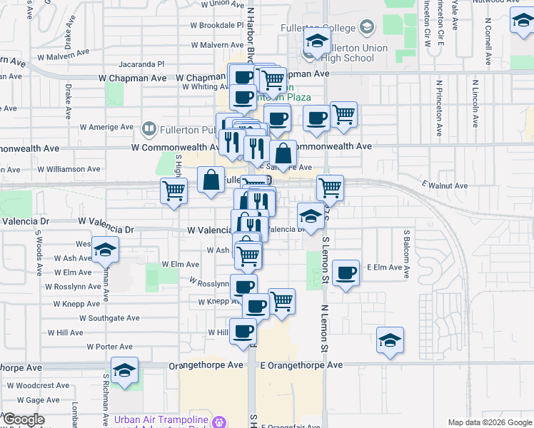 map of restaurants, bars, coffee shops, grocery stores, and more near 410A South Harbor Boulevard in Fullerton