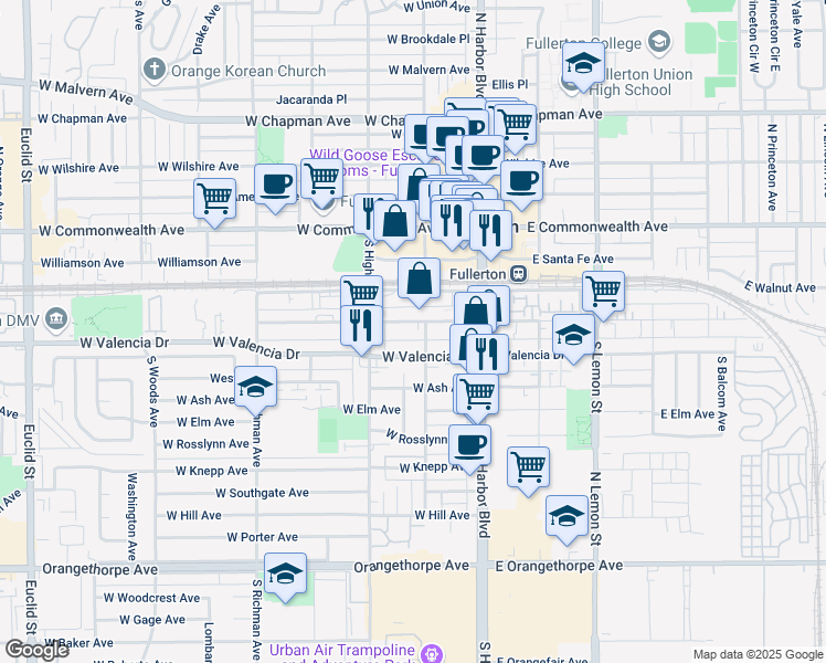 map of restaurants, bars, coffee shops, grocery stores, and more near 210 West Truslow Avenue in Fullerton
