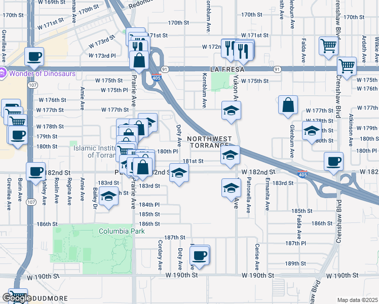 map of restaurants, bars, coffee shops, grocery stores, and more near 18018 Doty Avenue in Torrance