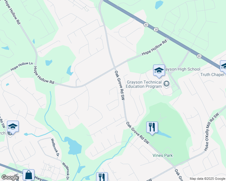 map of restaurants, bars, coffee shops, grocery stores, and more near 3049 Battlement Circle Southwest in Loganville